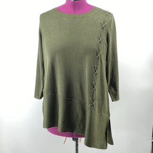 Avenue 14/16 Lightweight Sweater Olive Side Stitched Grommet Stitched Angled Top